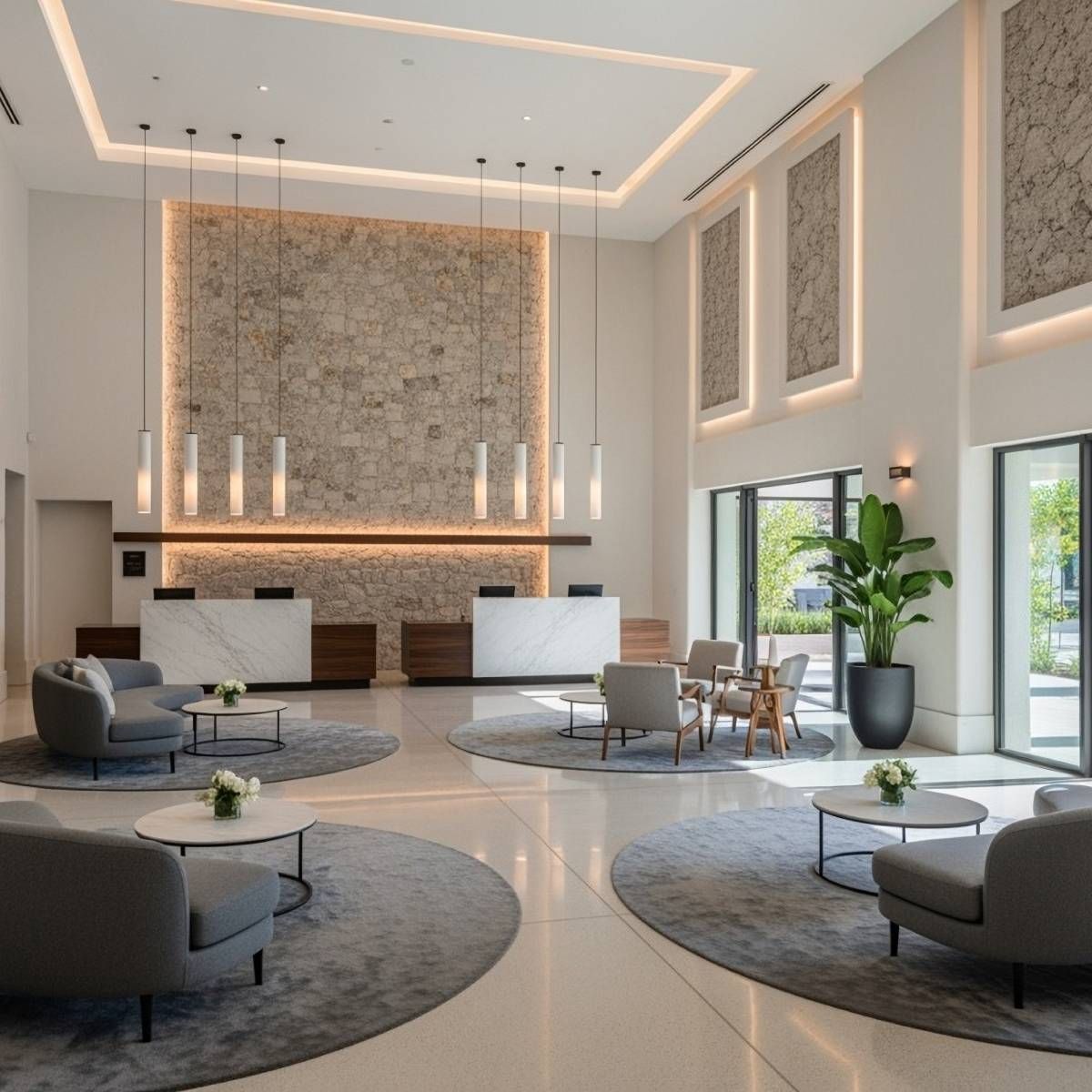 Lobby with gray seating, reception desks, and stone accent wall. Overhead lights and large windows illuminate the space.