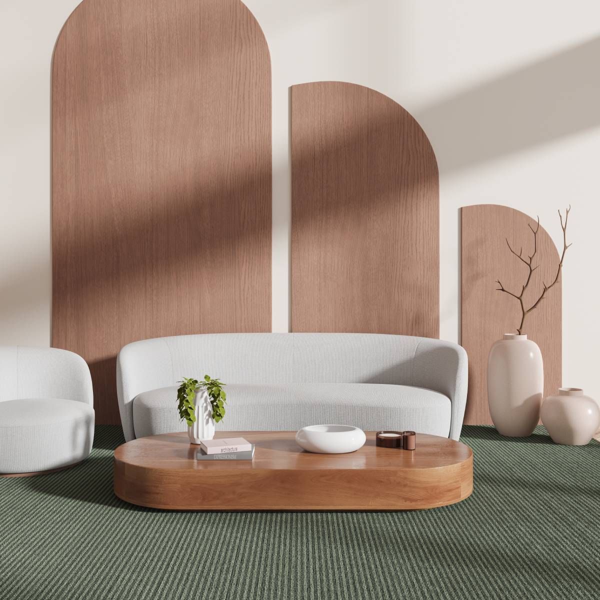 Living room with light-colored sofa, coffee table, green rug, and wood arch decor.