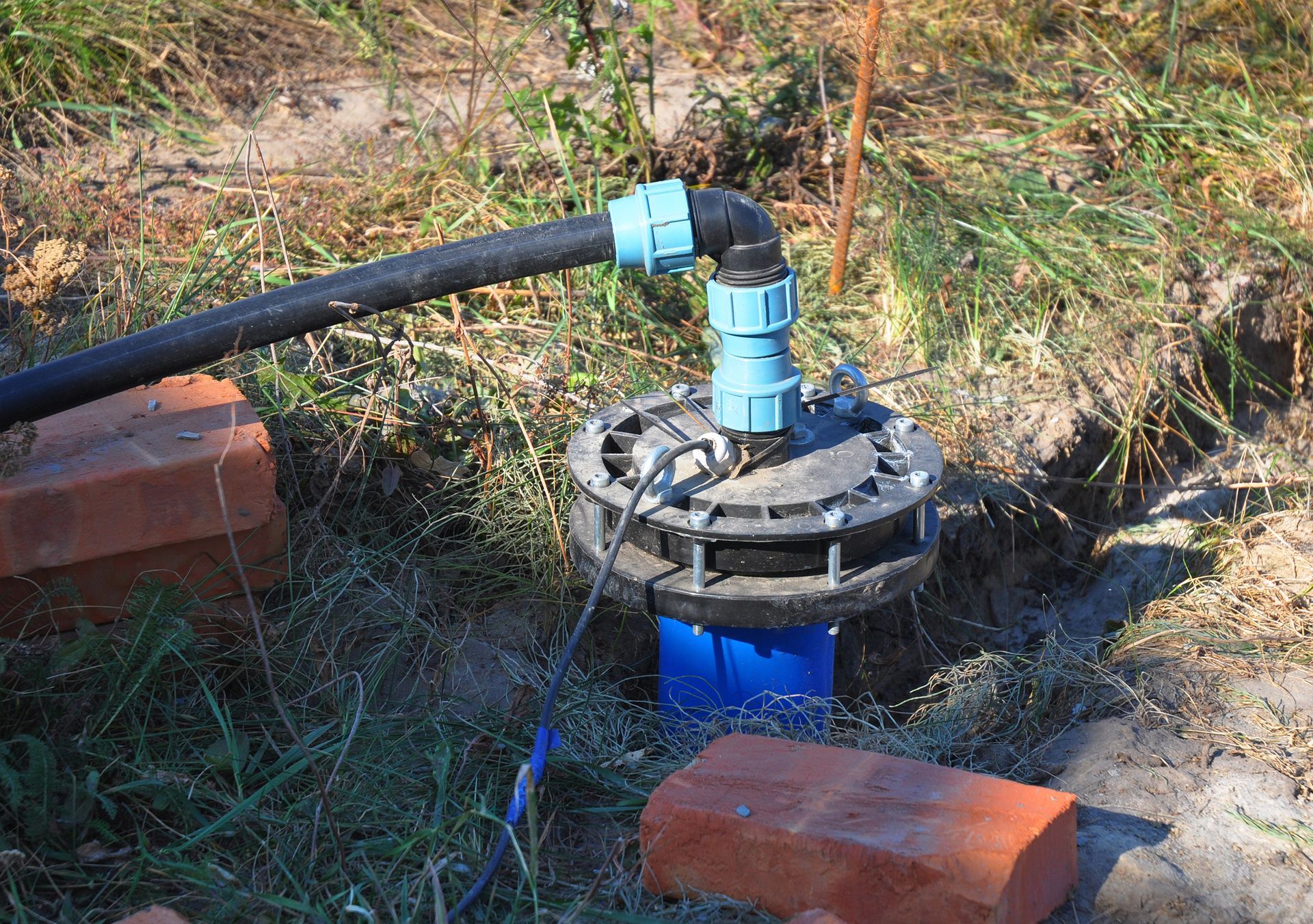 Well pump with blue and black fittings, surrounded by grass and bricks.
