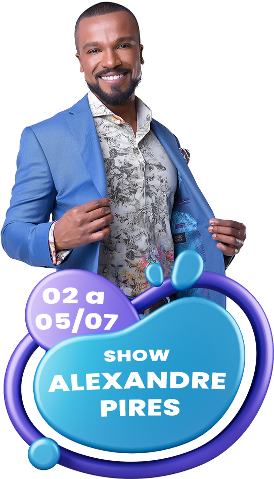 Homem de blazer azul posando ao lado de uma placa circular com os dizeres “Show Alexandre Pires” e a data 02 a 05/07.