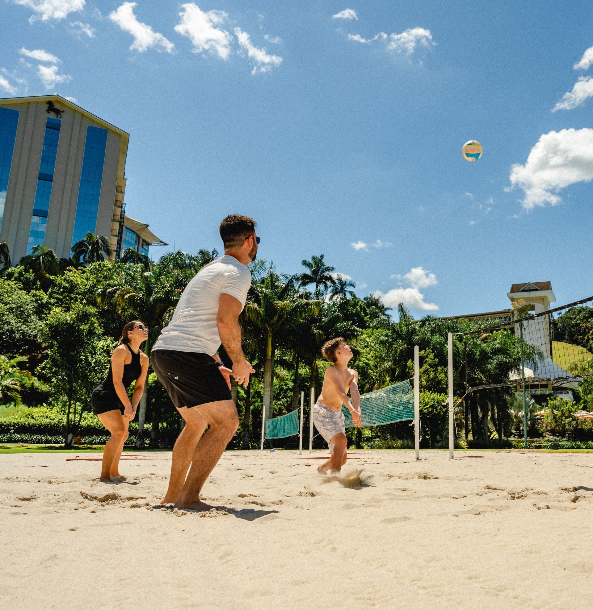 Pessoas jogando vôlei de praia em uma quadra de areia ensolarada, com céu azul e palmeiras.