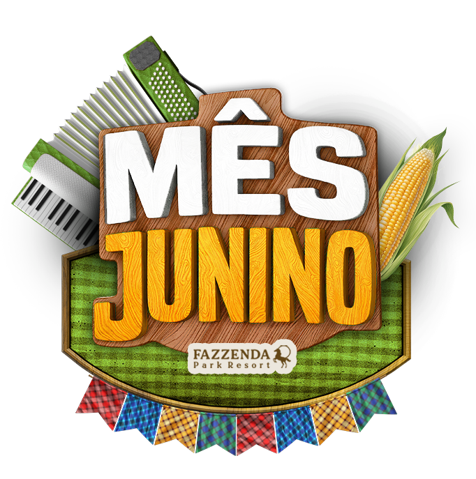 Logotipo do festival com a inscrição “MÊS JUNINO”, bandeiras coloridas, espigas de milho e um fundo verde estampado.