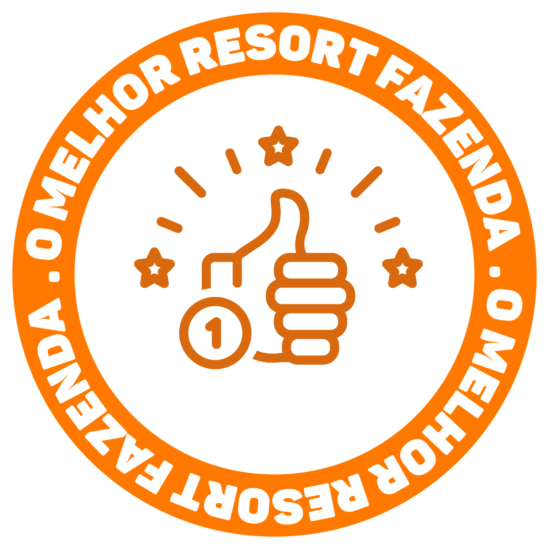 Emblema circular laranja com um sinal de positivo e a inscrição “O Melhor Resort Fazenda” na borda.