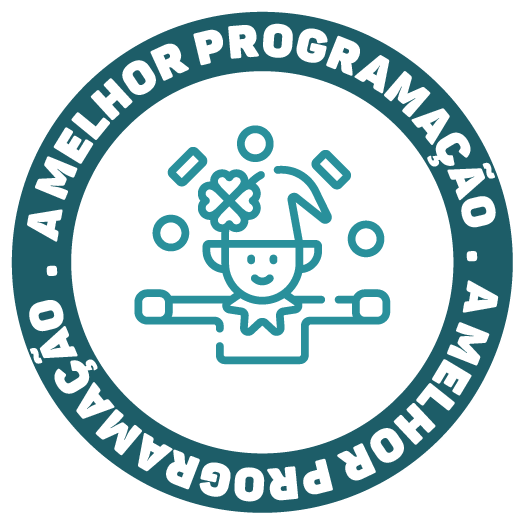 Turquoise circular logo with a child icon and Portuguese text “A melhor programação” around the border