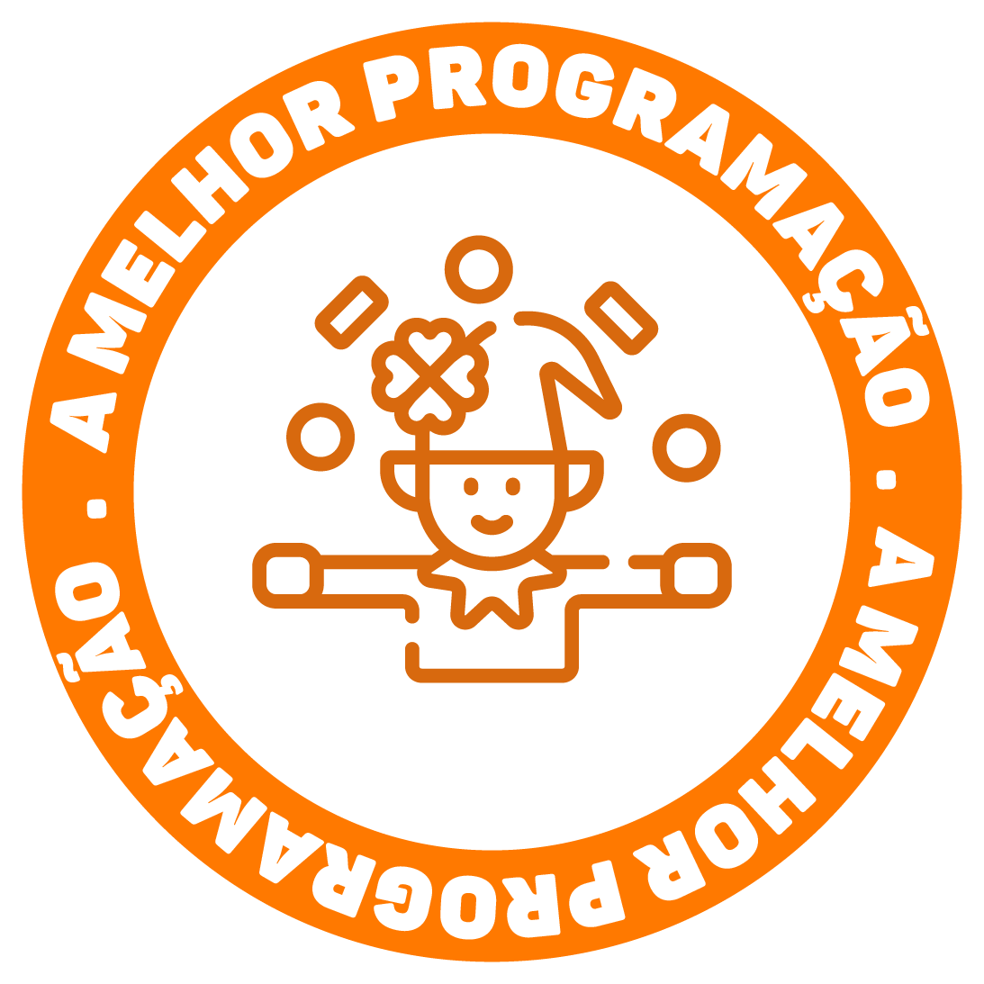 Logotipo circular laranja com o texto “A MELHOR PROGRAMAÇÃO” em torno de uma figura infantil com uma peça de quebra-cabeça e ícones geométricos.