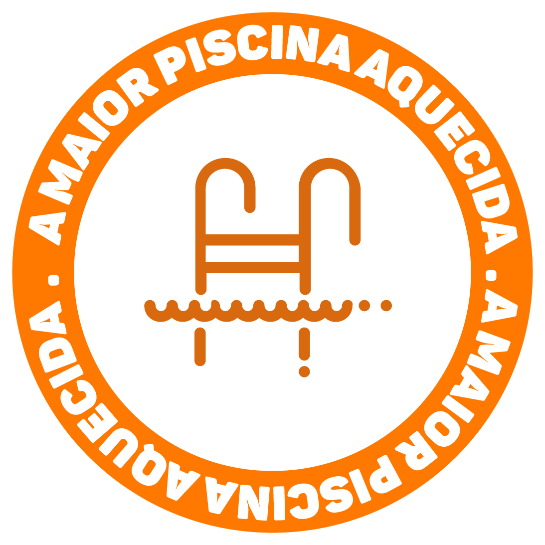Logotipo circular laranja com centro branco e ícone de escada de piscina, com a inscrição “A MAIOR PISCINA A QUE CUIDA” na borda.