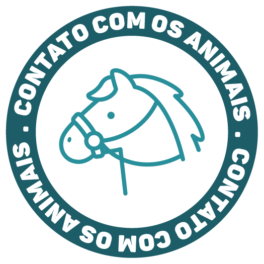 Teal logo of a horse head with the words “Contato com os Animais” in a circular border