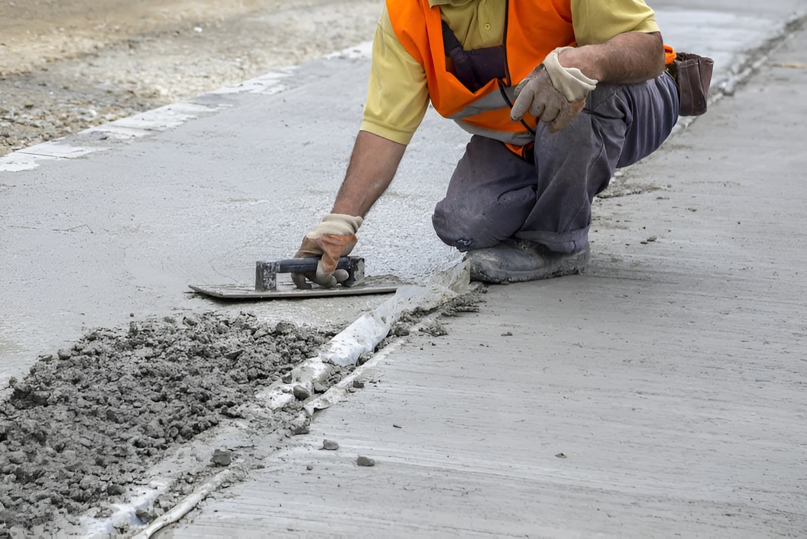 A Man is Kneeling Down and Spreading Concrete on a Sidewalk — Tiga's Concreting Services In Branyan, QLD