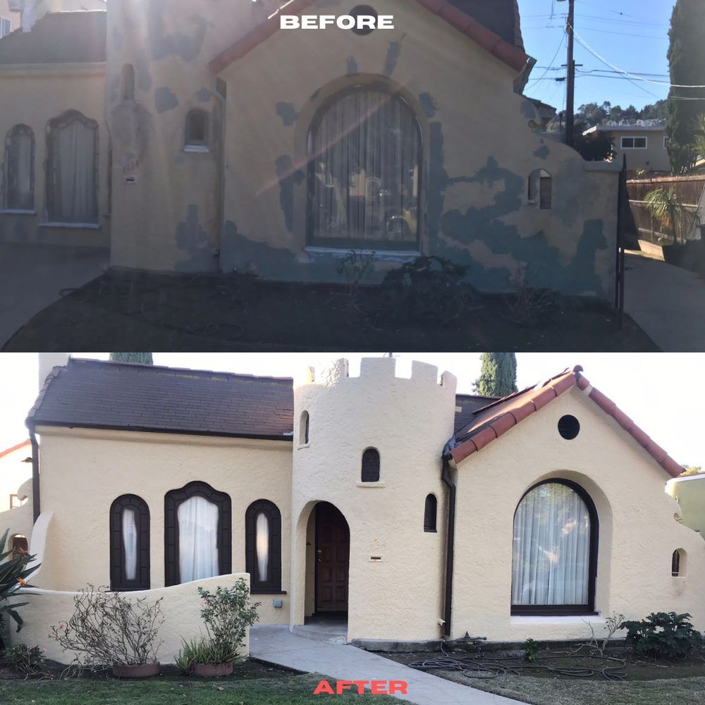 A before and after photo of a house