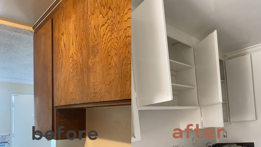 A before and after photo of a kitchen with wooden cabinets and white cabinets.
