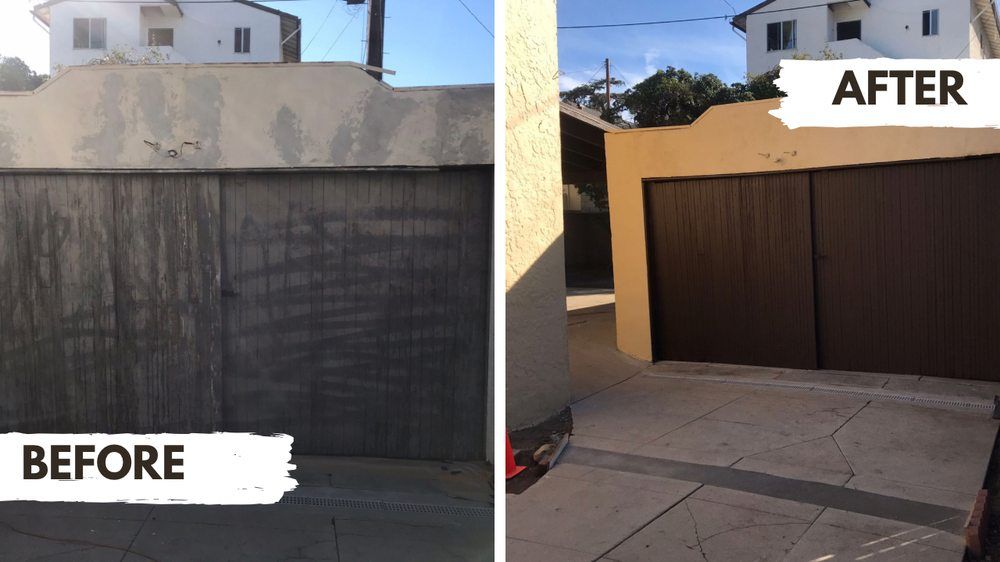 A before and after picture of a garage door