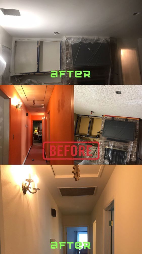 There are three pictures of a hallway before and after being remodeled.