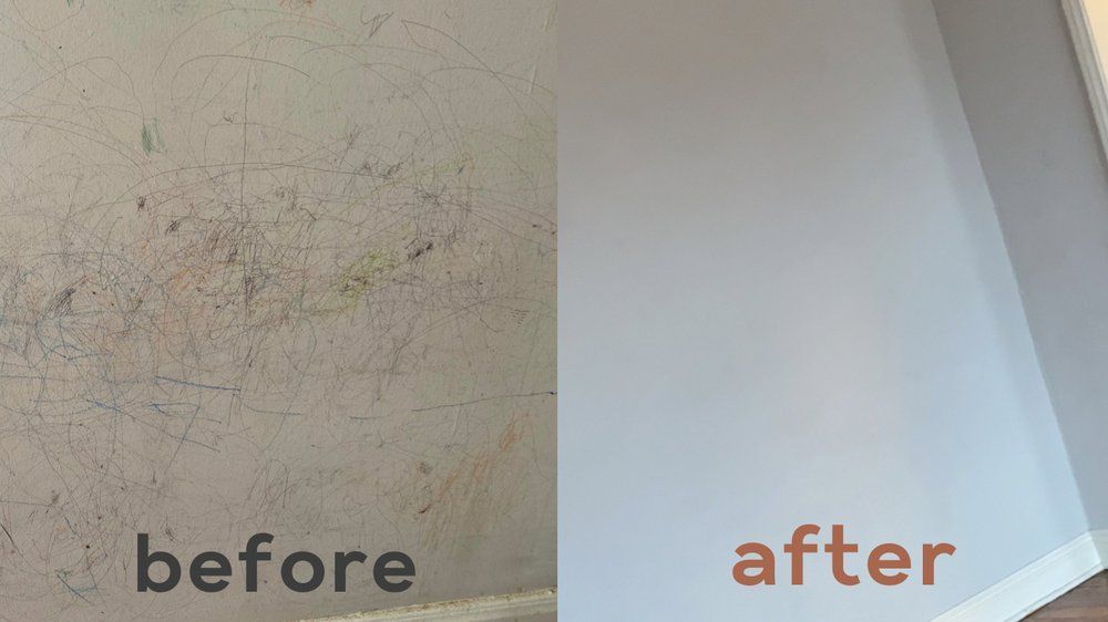 There is a before and after picture of a wall.