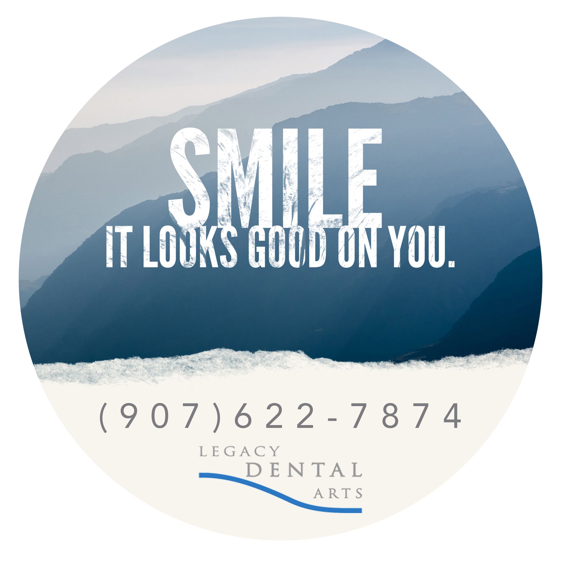 Round ad with mountain scene background. Text: 