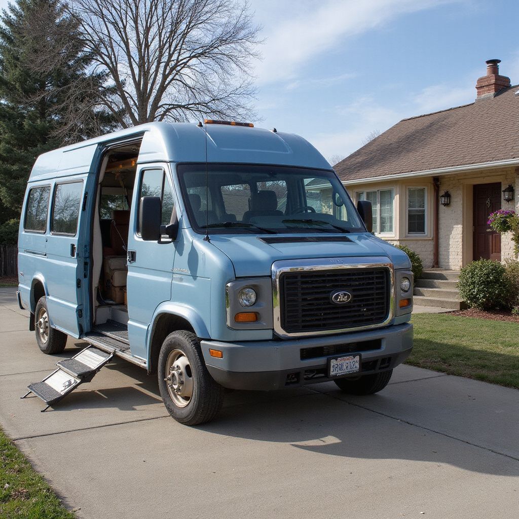 Blue handicap-accessible van parked on driveway; door open with ramp deployed, near a house.