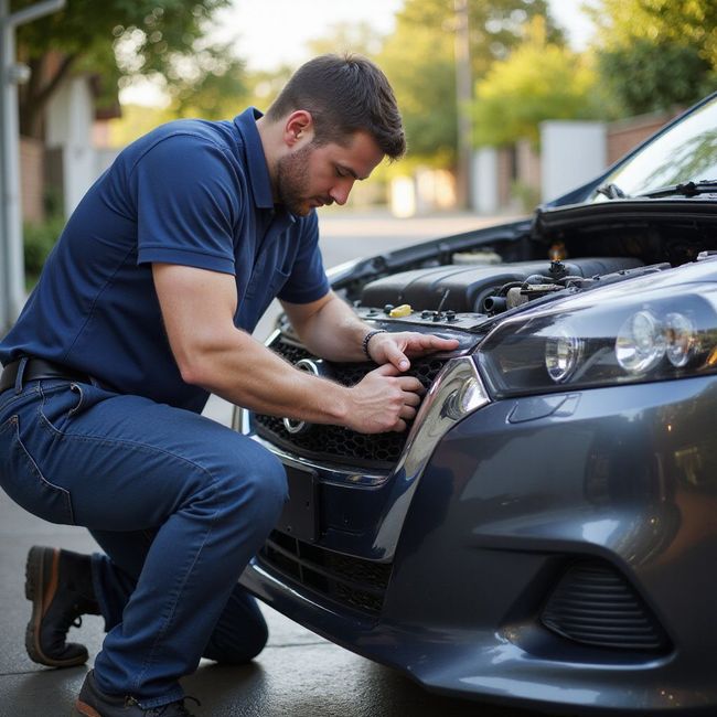 Man kneeling, inspecting a car's front grill with the hood open outdoors.
