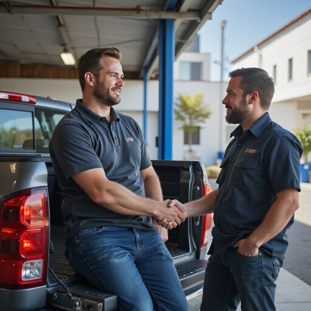 Two men shaking hands next to a pickup truck. One man is sitting on the truck bed.