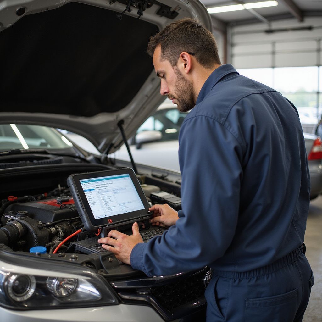 Mechanic using a laptop to diagnose a car engine in a garage.