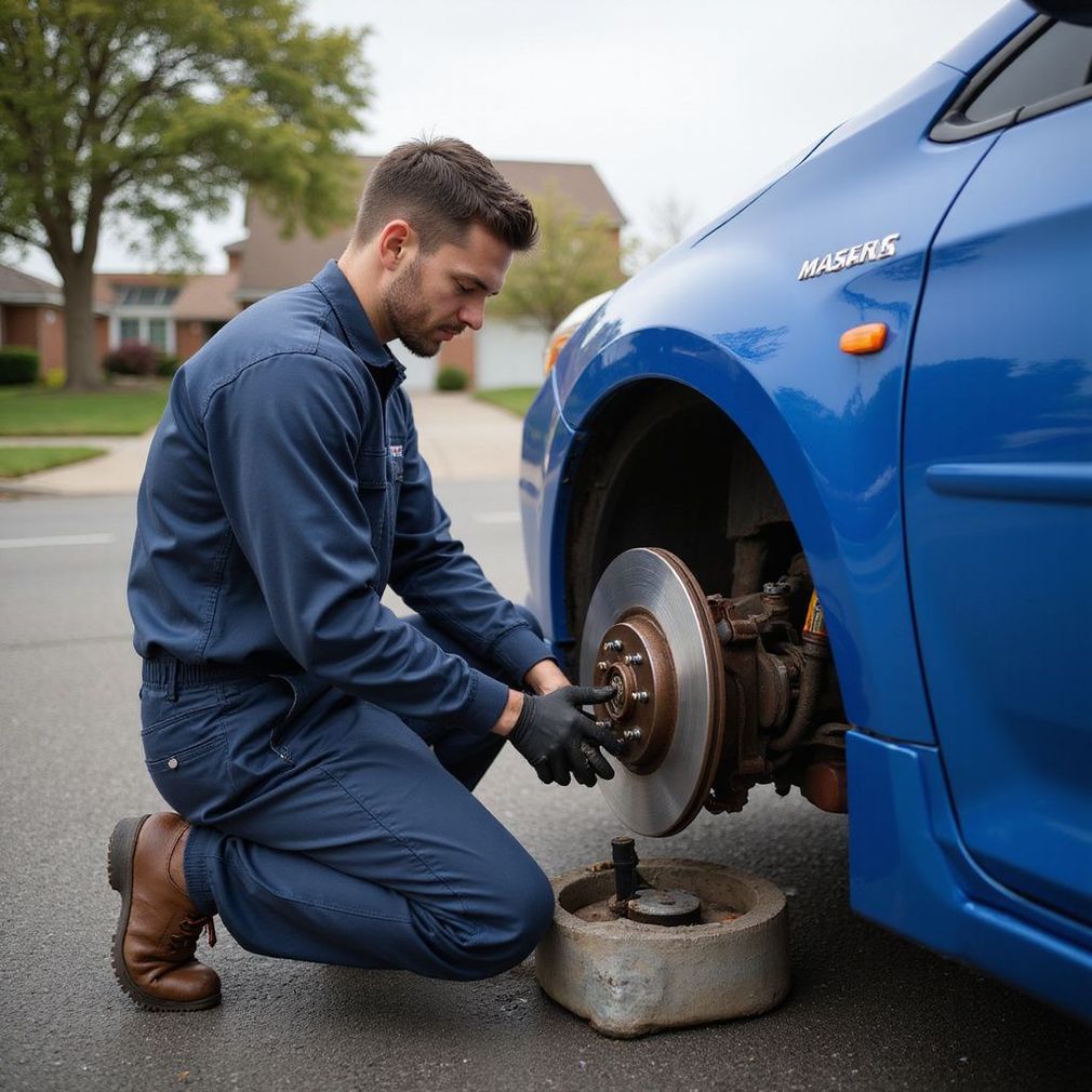 Mechanic kneeling by a blue car, inspecting brakes, outdoors.
