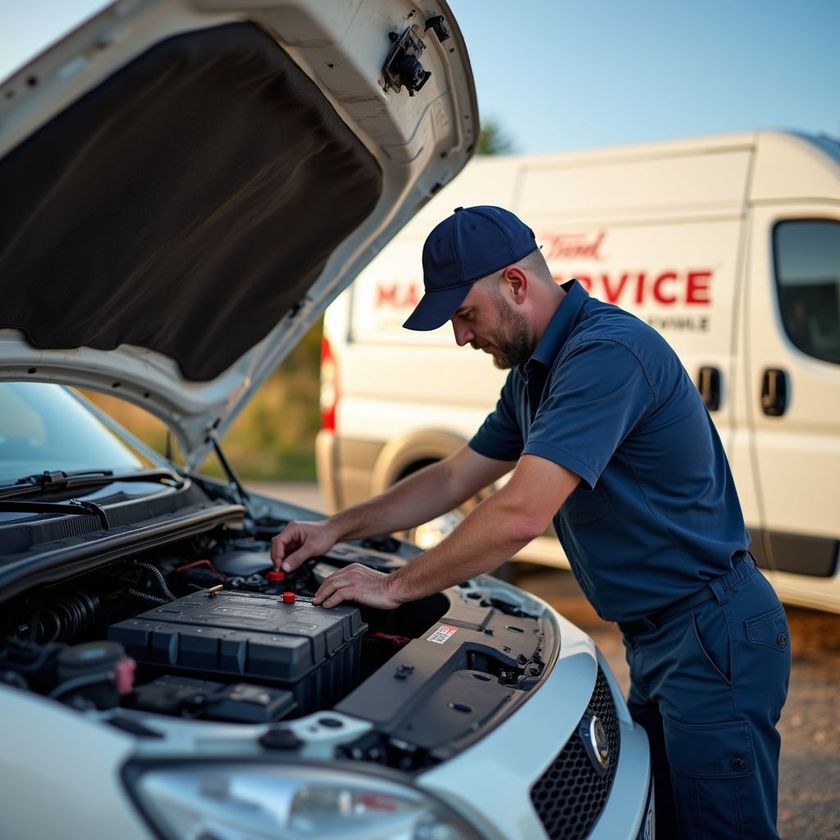 Mechanic working on a car battery with a Ford Mobile Service van in the background.