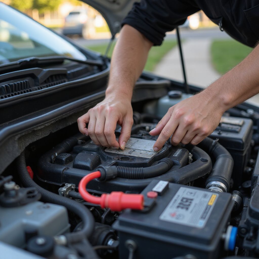 Person working on a car engine. Hands touching battery. Outdoors, day.
