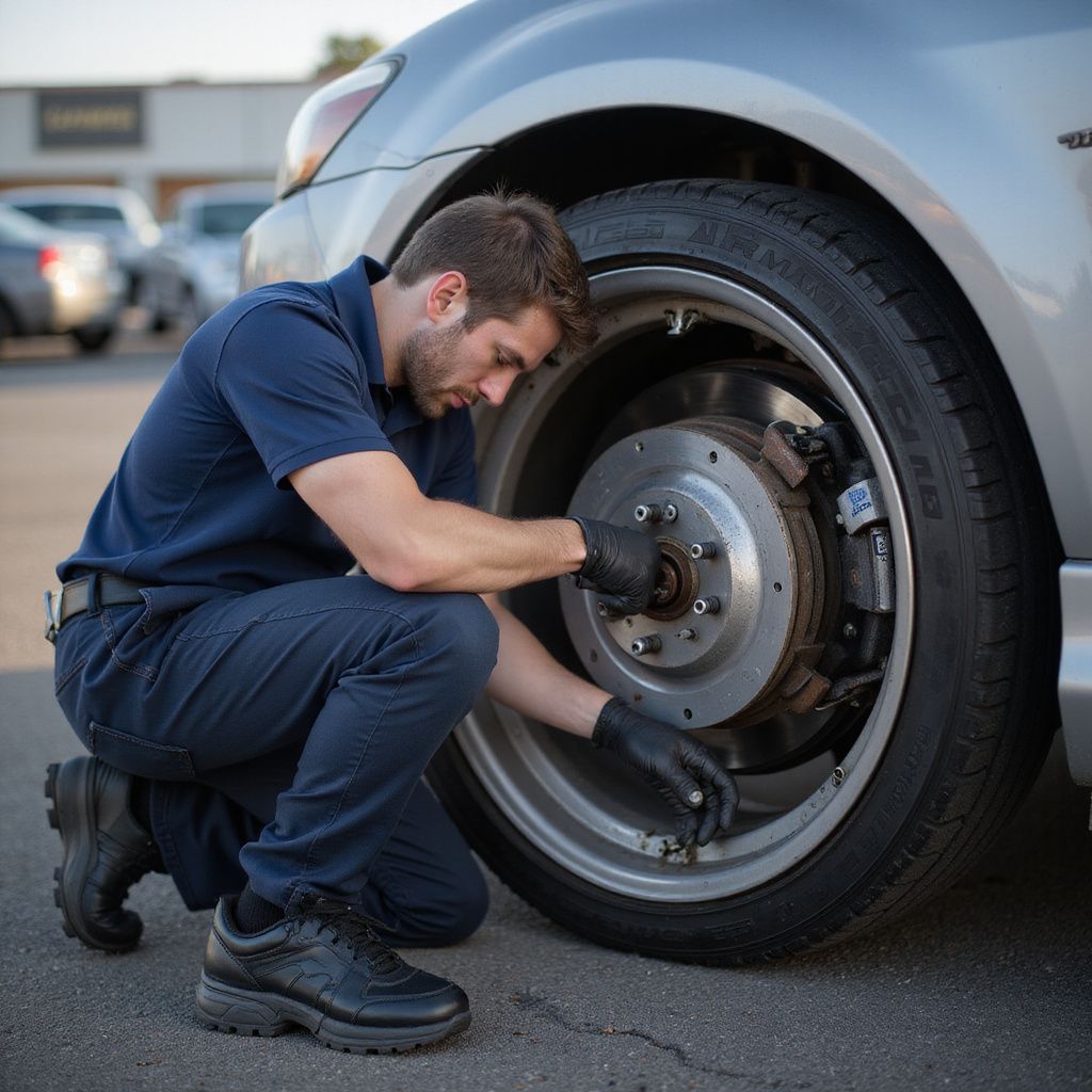 Mechanic in blue working on a car's brakes; wearing gloves, squatting by tire in parking lot.