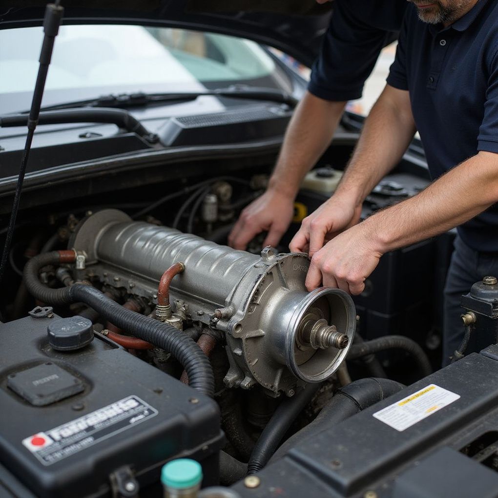 Mechanic working on a car engine with a supercharger under the hood.