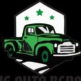 Green vintage pickup truck within a white and black hexagon; three green stars above.