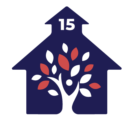 A blue house with a tree and the number 15 on it