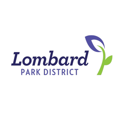 A logo for lombard park district with a flower and leaf