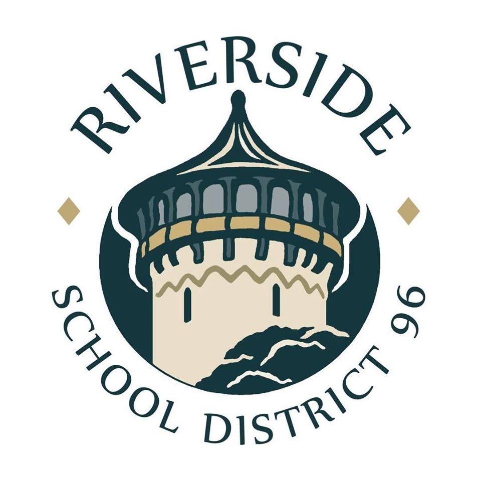 A logo for riverside school district 96 with a tower in the middle.