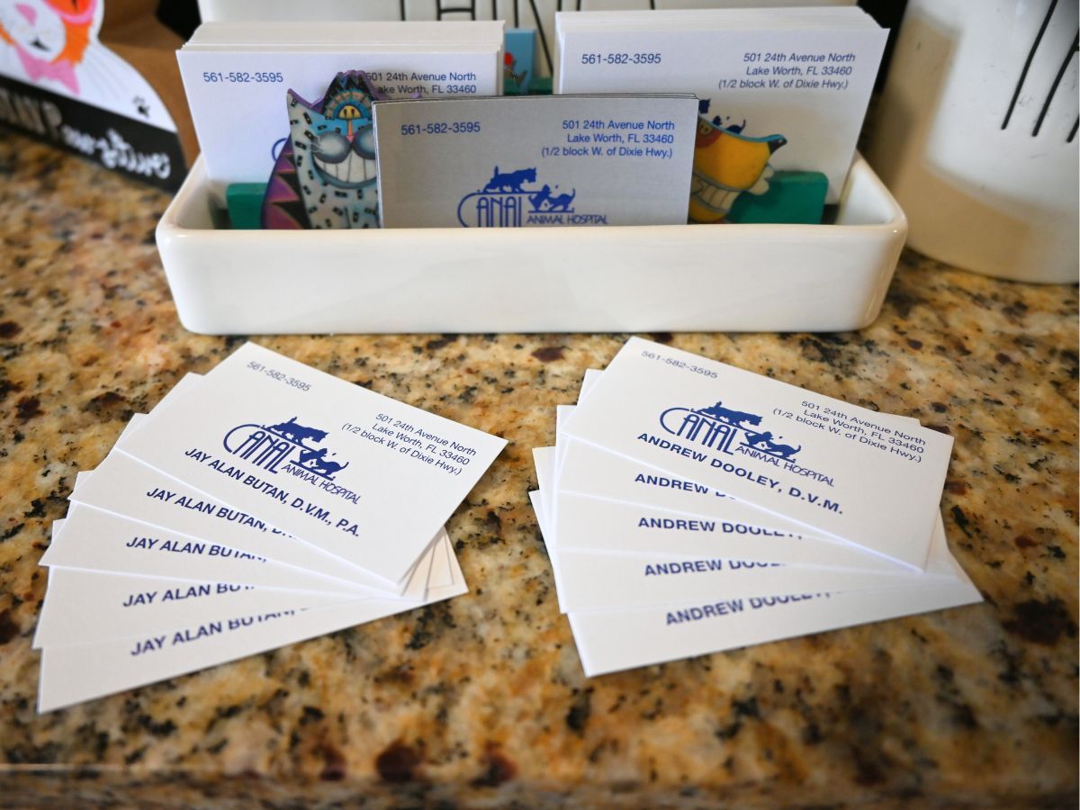 Interior countertop with business cards laid out