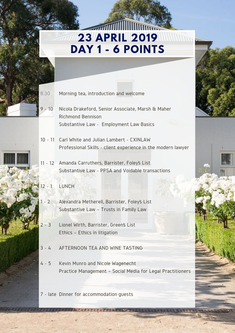 Day 1 schedule. Luxury CPD event for lawyers hosted by Forty Four Degrees