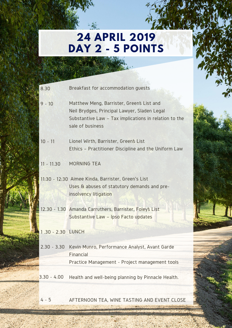 Day 2 schedule. Luxury CPD event for lawyers hosted by Forty Four Degrees