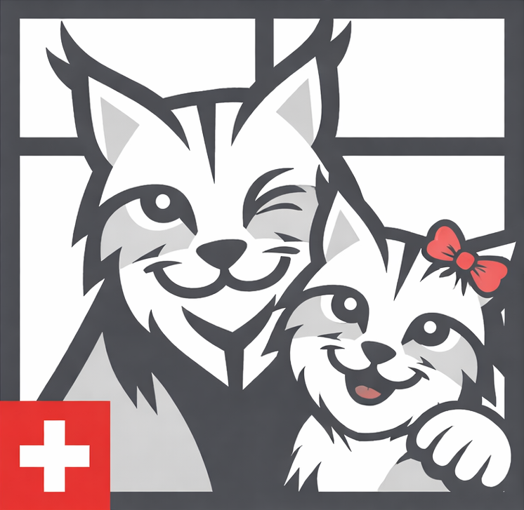 Deux lynx de dessin animé près d'une fenêtre, l'un faisant un clin d'œil. Un nœud rouge orne le plus petit. Un drapeau suisse est visible dans un coin.