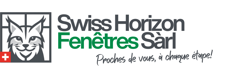 Logo: Lynx in window frame, Swiss flag, "Swiss Horizon Fen&ecirc;tres S&agrave;rl", text "Proches de vous, &agrave; chaque &eacute;tape!".
