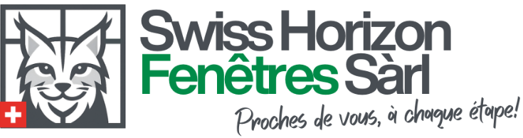 Logo : un lynx à une fenêtre, drapeau suisse, « Swiss Horizon Fenêtres Sàrl » en vert et gris, slogan.