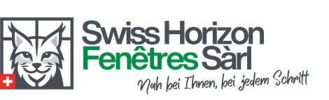 Logo : un lynx à une fenêtre, drapeau suisse, « Swiss Horizon Fenêtres Sàrl » en vert et gris, slogan.
