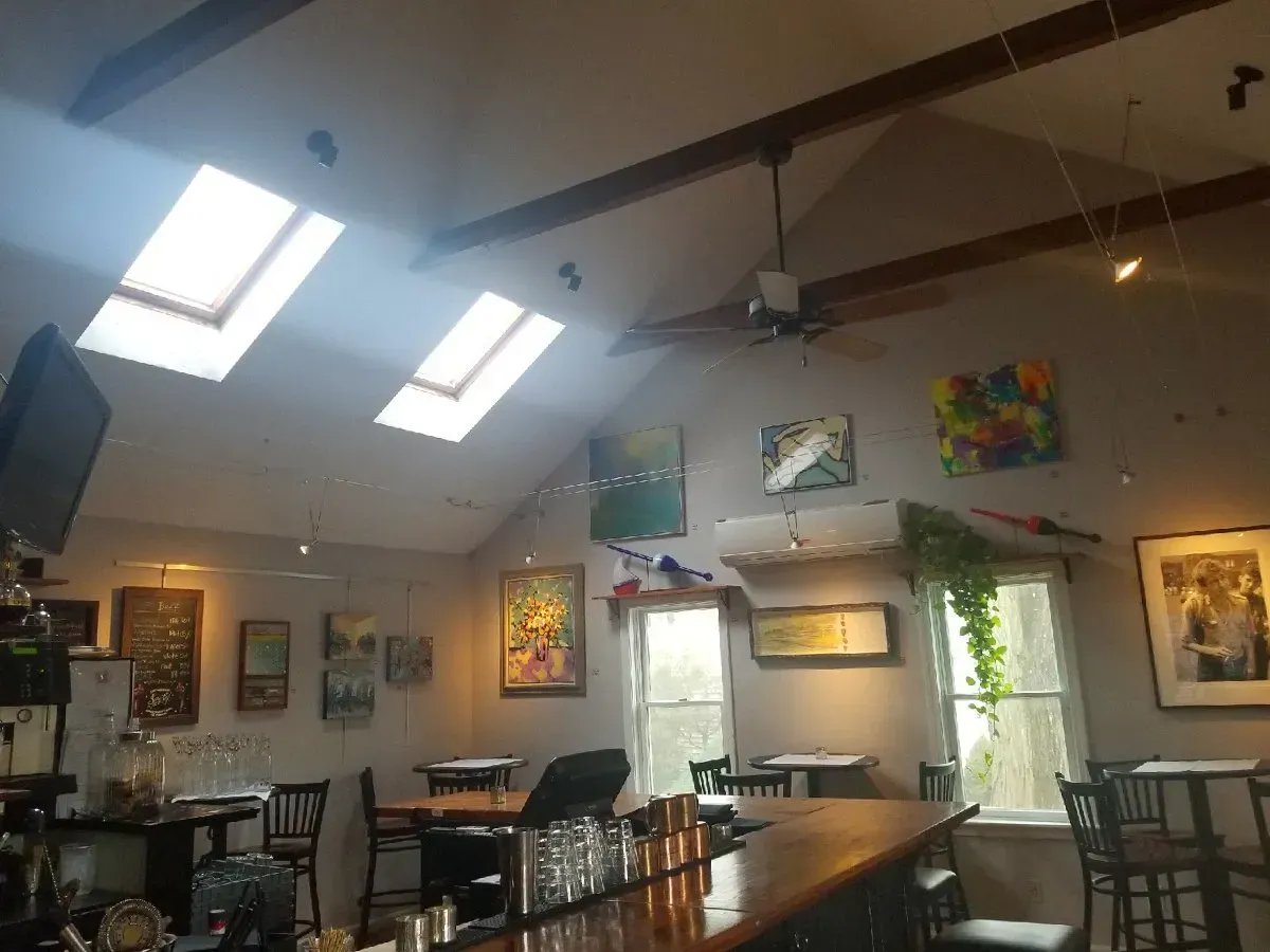 A restaurant with tables and chairs and a bar