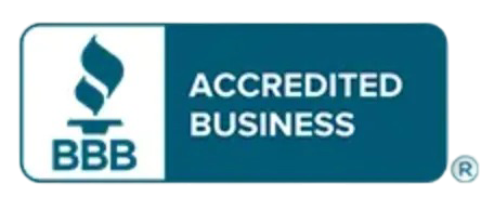 The bbb logo is blue and white and says accredited business