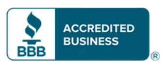 The bbb logo is blue and white and says accredited business