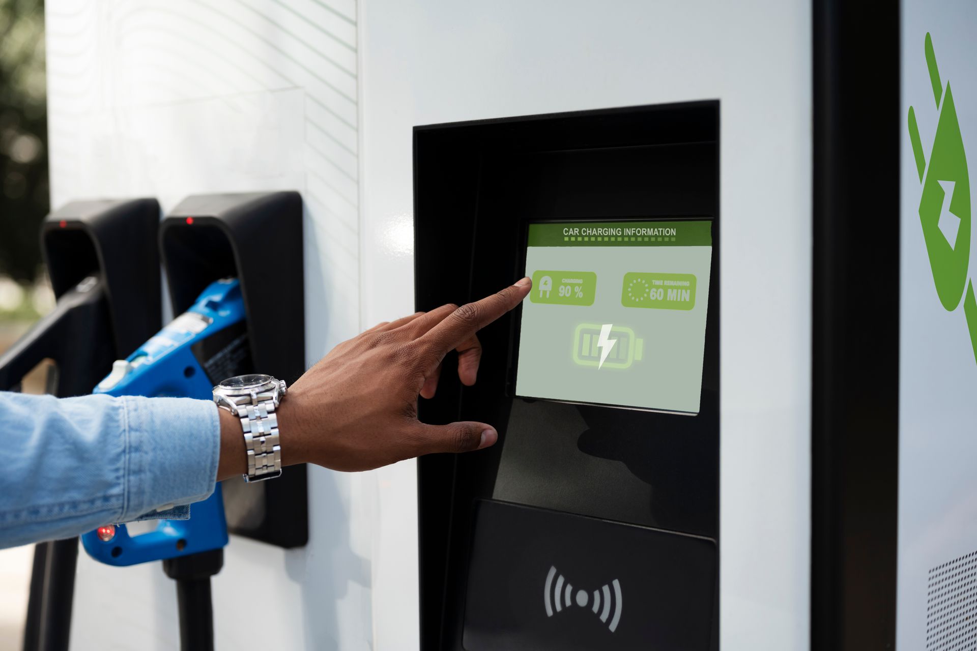 A man is charging an electric car at a charging station.