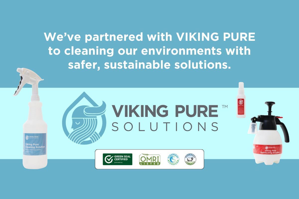 Advertisement for Viking Pure Solutions, a cleaning product line, featuring bottles and the company logo on a light blue background.