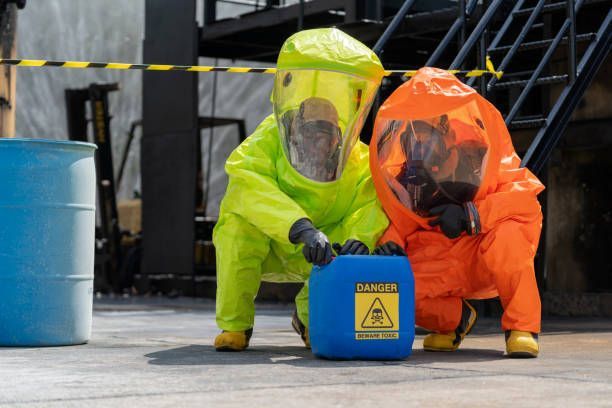 Two workers in bright hazmat suits handle a blue hazardous waste container indoors.