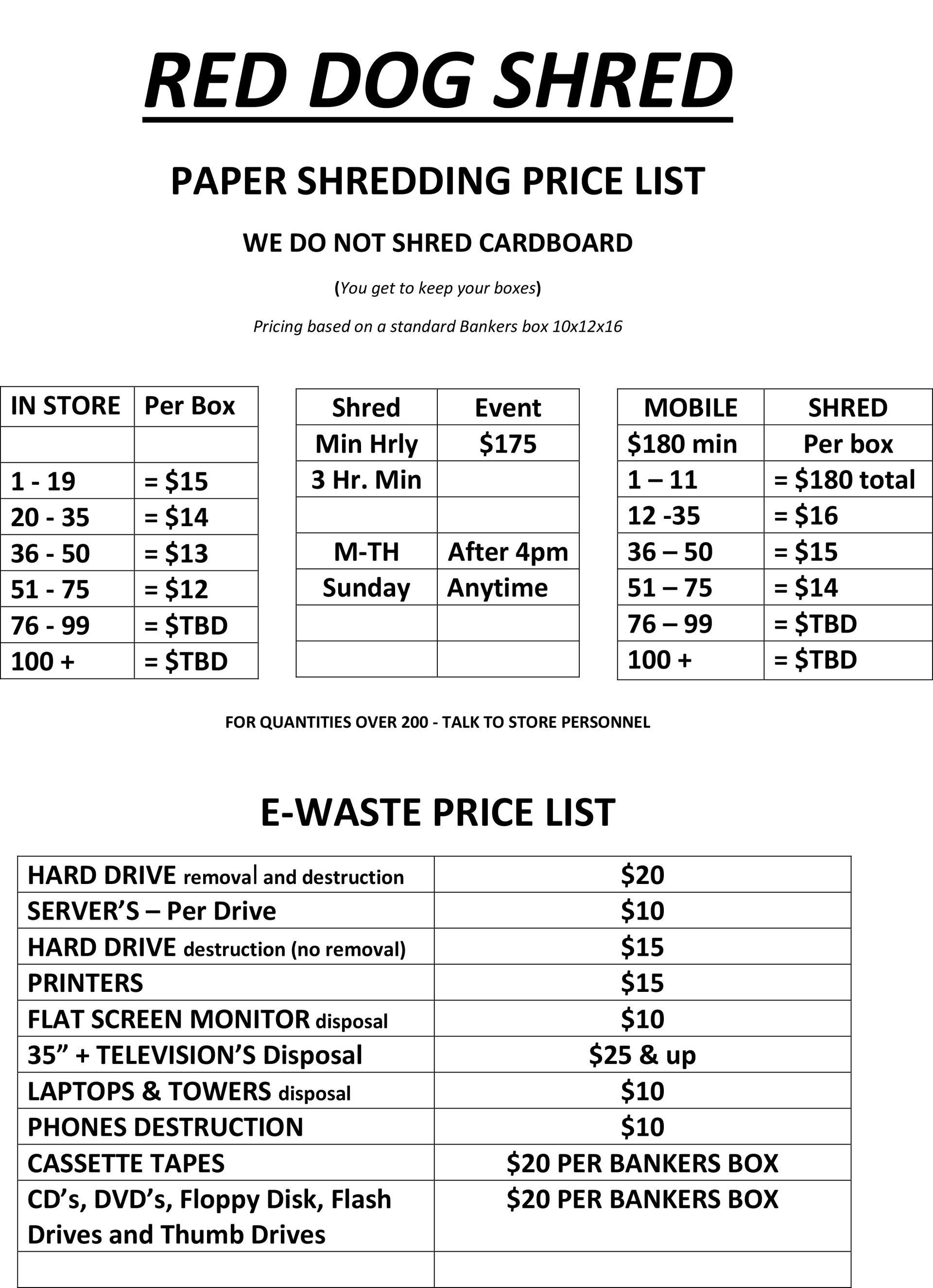 a red dog shred paper shredding price list and e-waste price list | Sacramento, CA | Red Dog Shred