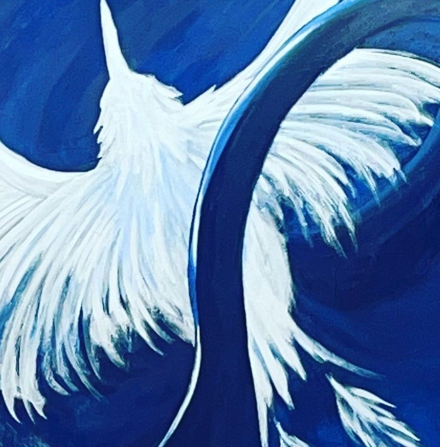 Signature painting of a white bird flying into infinity