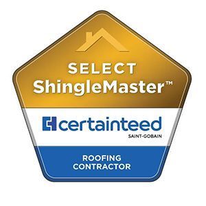 A pentagonal gold, white, and blue CertainTeed Select ShingleMaster roofing contractor certification badge.
