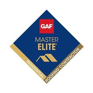 A blue diamond-shaped GAF Master Elite Residential Roofing Contractor logo with gold text and a gold roof icon.