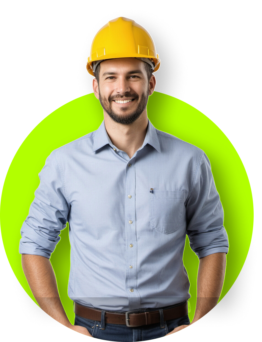 Smiling man with a beard wearing a yellow hard hat and blue shirt, arms at sides, in front of a green circle.