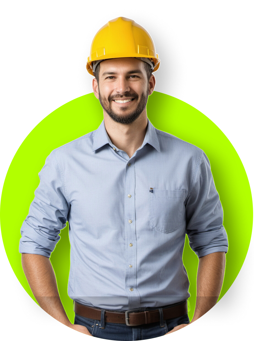 Smiling man with a beard wearing a yellow hard hat and blue shirt, arms at sides, in front of a green circle.